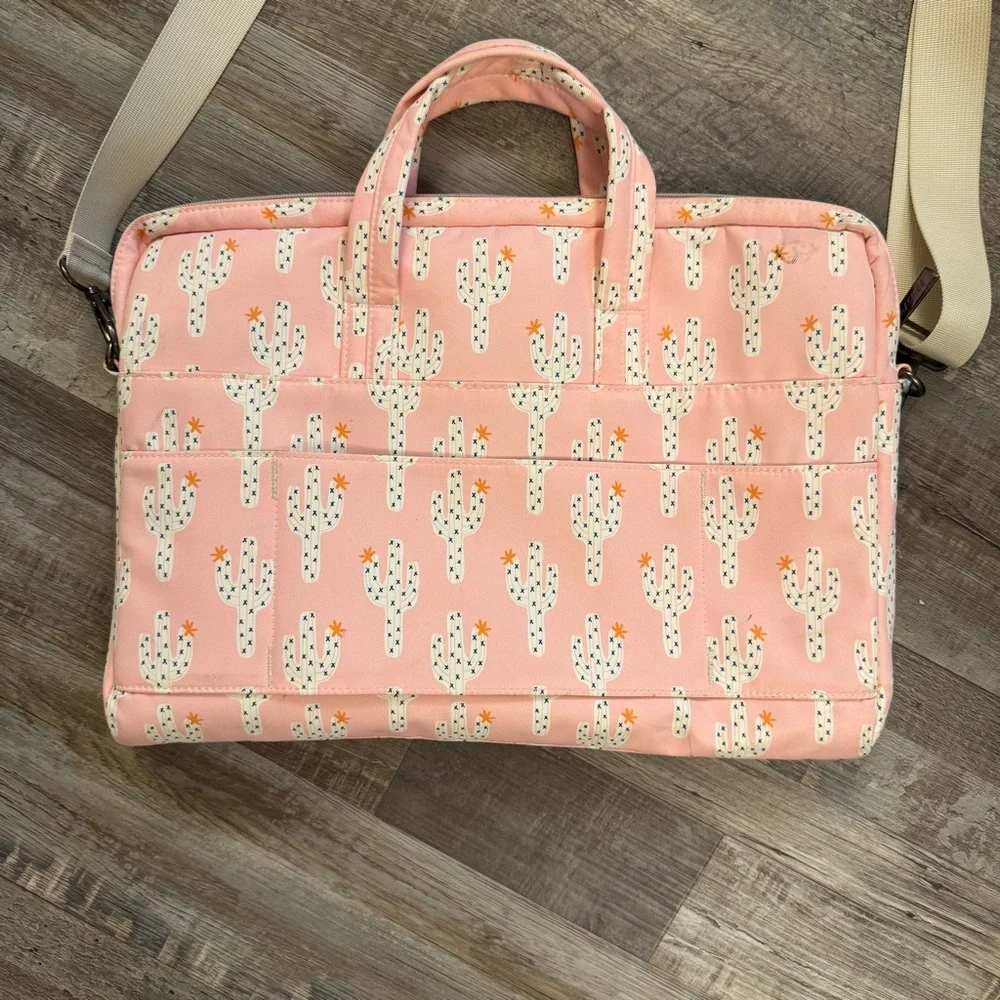 Pink Cactus Print Women's Laptop Bag with Shoulder Strap